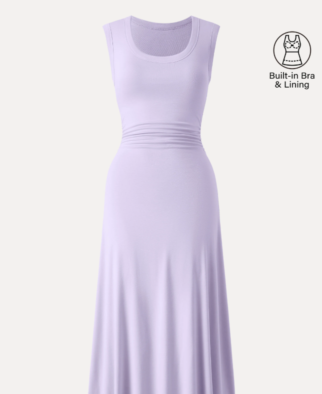 Scoop Neck Side Ruched New Airy Bra Midi Dress