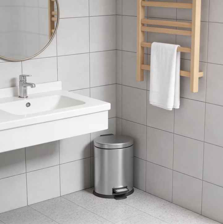 Koomade 2 Pack Bathroom Trash Can, 1.3 Gallon Stainless Steel Step Garbage Bin with Lid, Silver