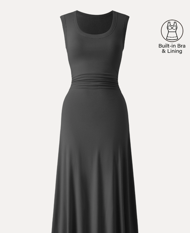 Scoop Neck Side Ruched New Airy Bra Midi Dress