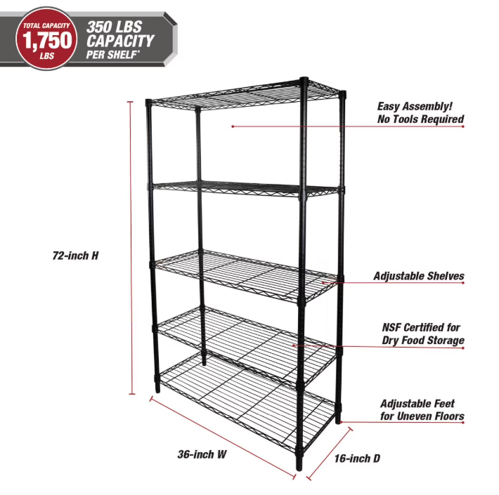 Hyper Tough 5-Tier Wire Storage Shelves, 36" W x 16" D x 72" H, 1750 lb Load Capacity, Black