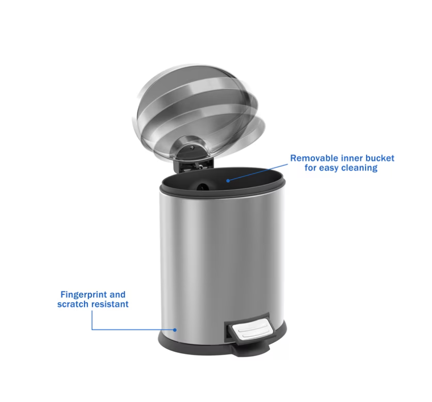 Koomade 2 Pack Bathroom Trash Can, 1.3 Gallon Stainless Steel Step Garbage Bin with Lid, Silver