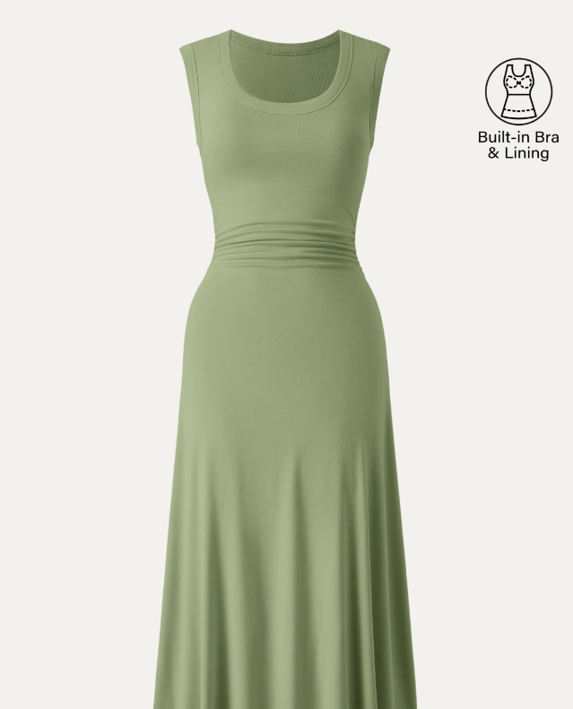 Scoop Neck Side Ruched New Airy Bra Midi Dress