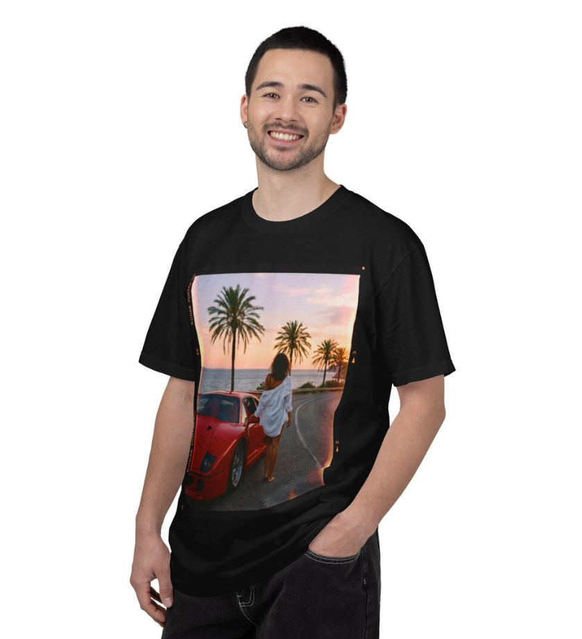 Vintage Ferrari Sunset T Shirt, 80s Riviera Aesthetic Tee, Retro Supercar Art Shirt, Luxury Summer Vibes Graphic Top