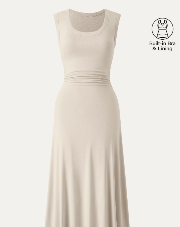 Scoop Neck Side Ruched New Airy Bra Midi Dress