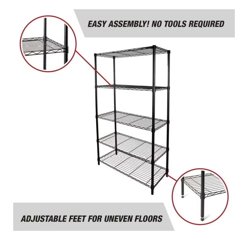 Hyper Tough 5-Tier Wire Storage Shelves, 36" W x 16" D x 72" H, 1750 lb Load Capacity, Black