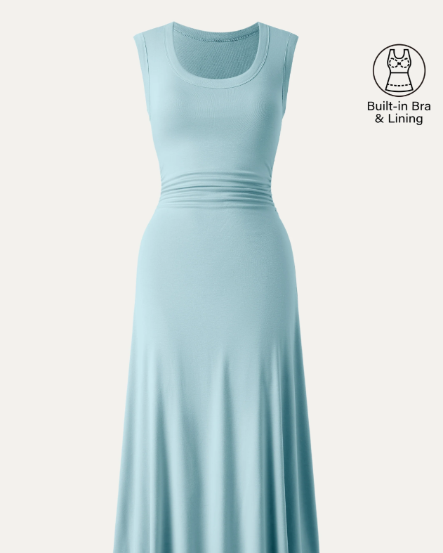 Scoop Neck Side Ruched New Airy Bra Midi Dress