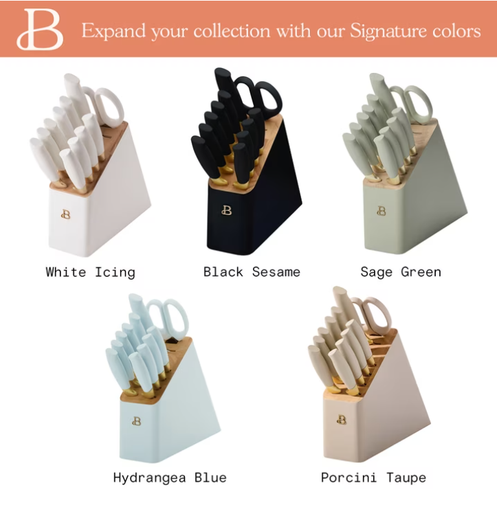 Beautiful 12 Piece Knife Block Set with Soft-Grip Ergonomic Handles White and Gold by Drew Barrymore