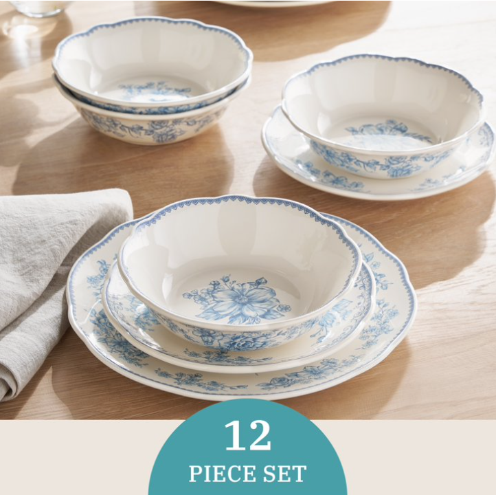 The Pioneer Woman Agatha 12-Piece Stoneware Dinnerware Set, Blue
