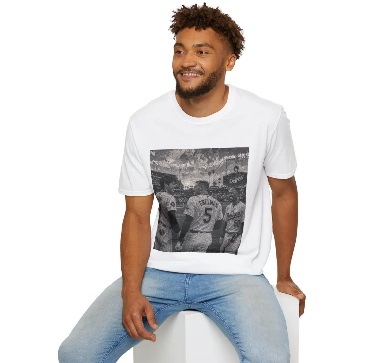 Los Angeles Dodgers Baseball Players Photo T-Shirt Team Portrait Square Print Shohei Ohtani, Mookie Betts, Freddie Freeman Shirt