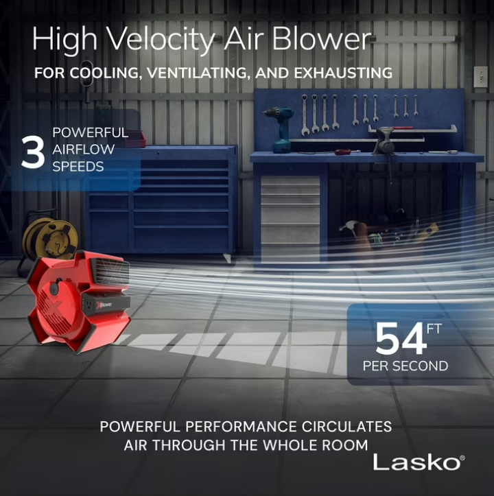 Lasko X-Blower 11" High Velocity Utility Blower Fan with USB Ports and Built-In Outlet for Cooling and Drying, Red, X12900