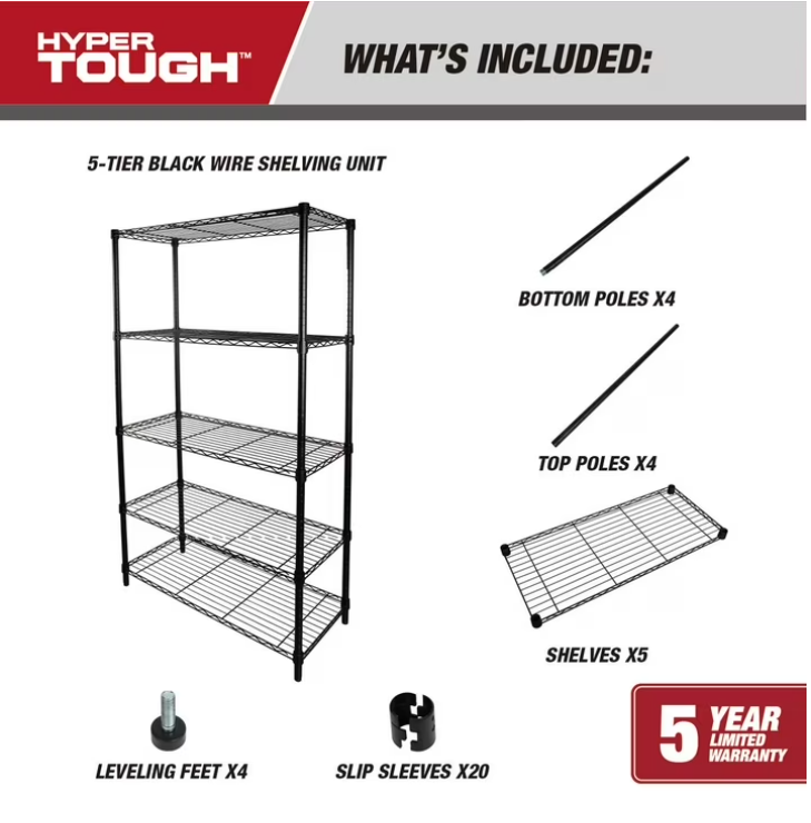 Hyper Tough 5-Tier Wire Storage Shelves, 36" W x 16" D x 72" H, 1750 lb Load Capacity, Black