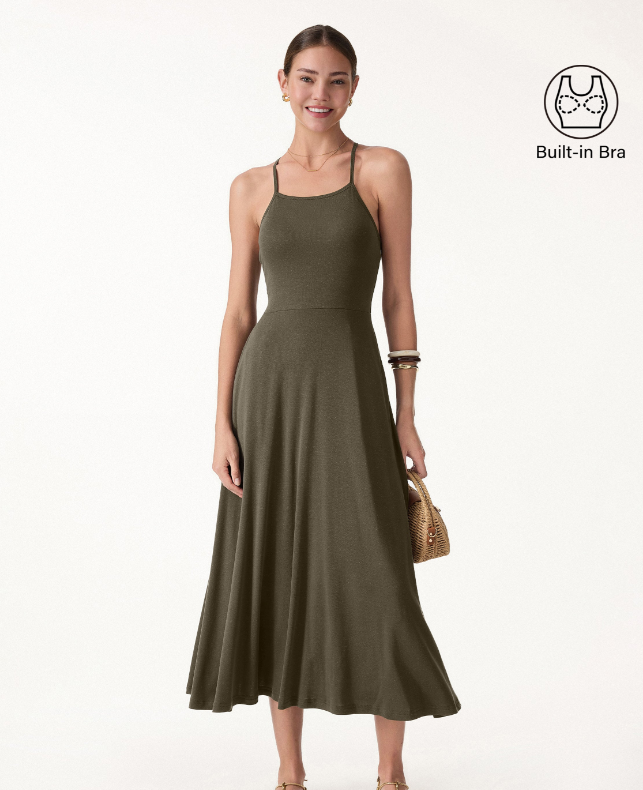 Soft Linen Knit Spaghetti Midi Bra Dress