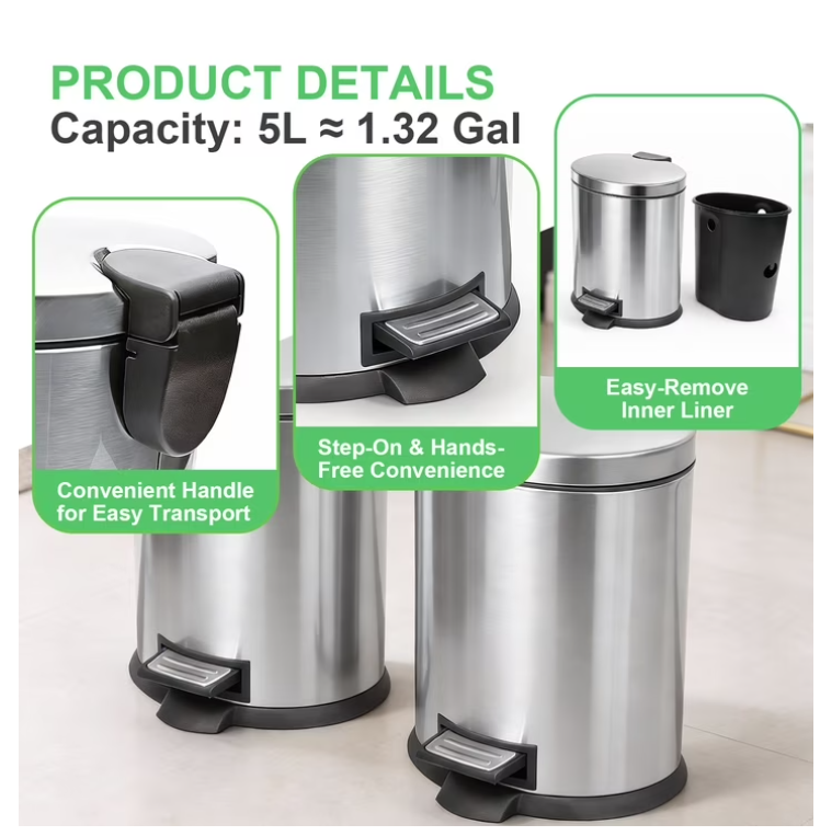 Koomade 2 Pack Bathroom Trash Can, 1.3 Gallon Stainless Steel Step Garbage Bin with Lid, Silver