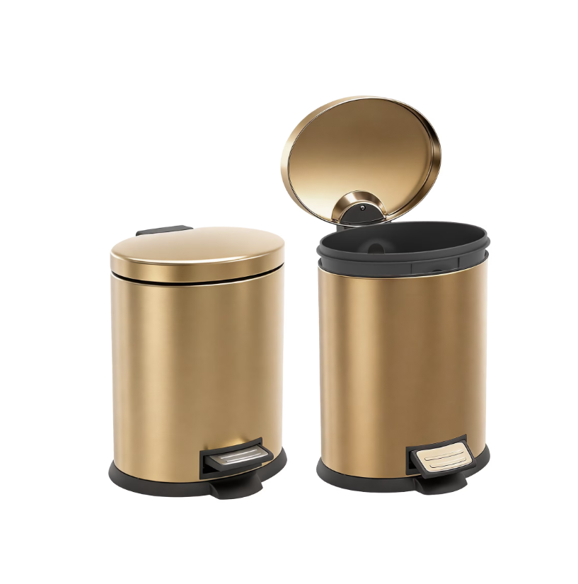 Koomade 2 Pack Bathroom Trash Can, 1.3 Gallon Stainless Steel Step Garbage Bin with Lid, Gold