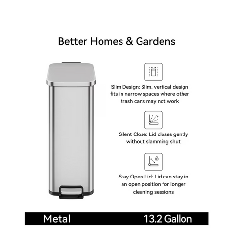 Better Homes & Gardens Kitchen Trash Can, 13.2 Gallon Stainless Steel Slim Step Garbage Bin with Soft Close Lid, Silver