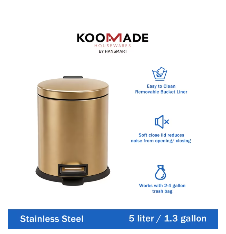 Koomade 2 Pack Bathroom Trash Can, 1.3 Gallon Stainless Steel Step Garbage Bin with Lid, Gold