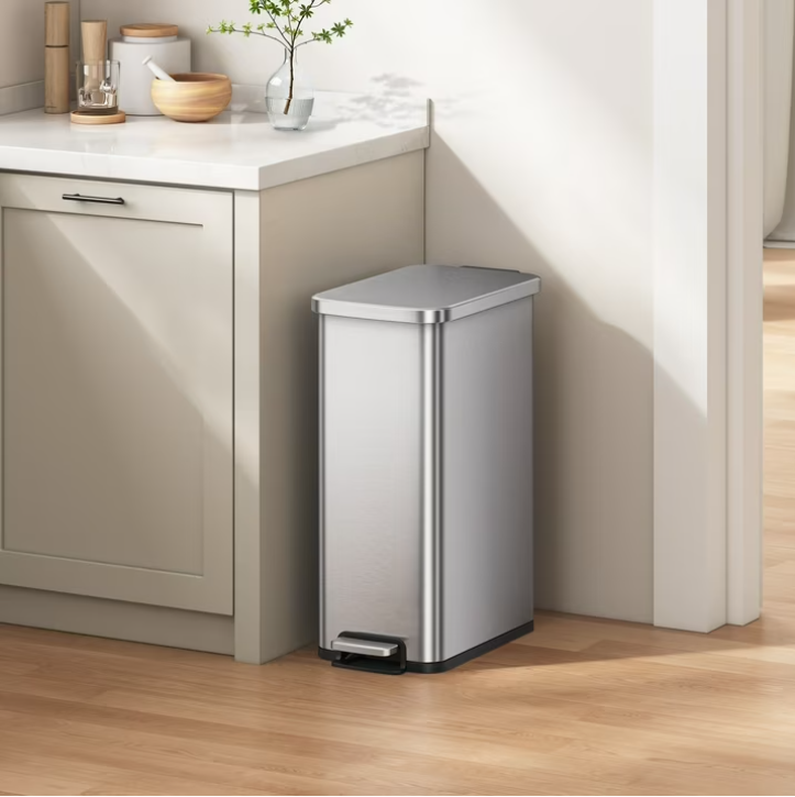 Better Homes & Gardens Kitchen Trash Can, 13.2 Gallon Stainless Steel Slim Step Garbage Bin with Soft Close Lid, Silver