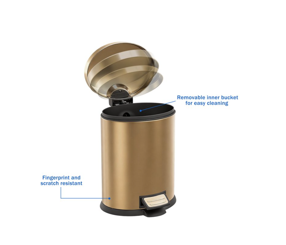 Koomade 2 Pack Bathroom Trash Can, 1.3 Gallon Stainless Steel Step Garbage Bin with Lid, Gold