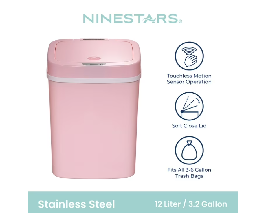 Nine Stars Automatic Bathroom Trash Can, 3.2 Gallon Plastic Motion Sensor Garbage Bin with Soft Close Lid, Pink