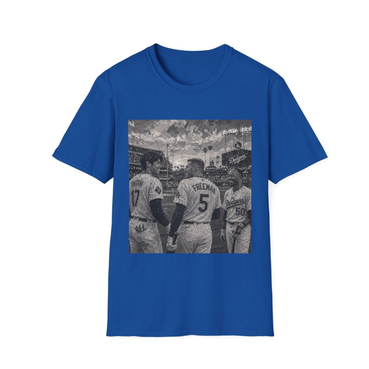Los Angeles Dodgers Baseball Players Photo T-Shirt Team Portrait Square Print Shohei Ohtani, Mookie Betts, Freddie Freeman Shirt