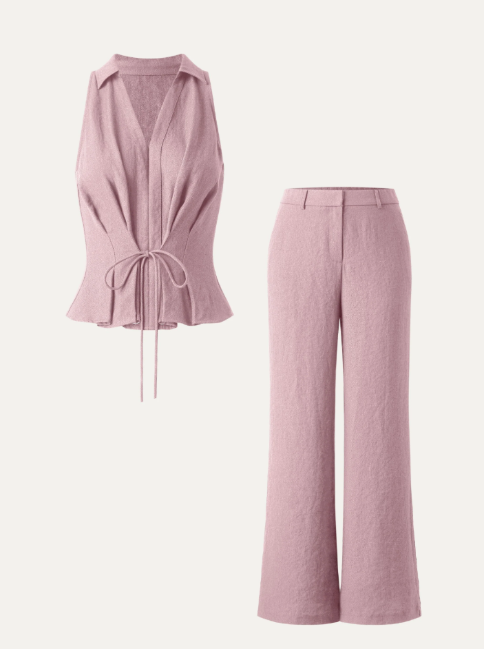 2Pcs Set Collared V-neck Sleeveless Top & Mid Rise Flared Pant with Pockets