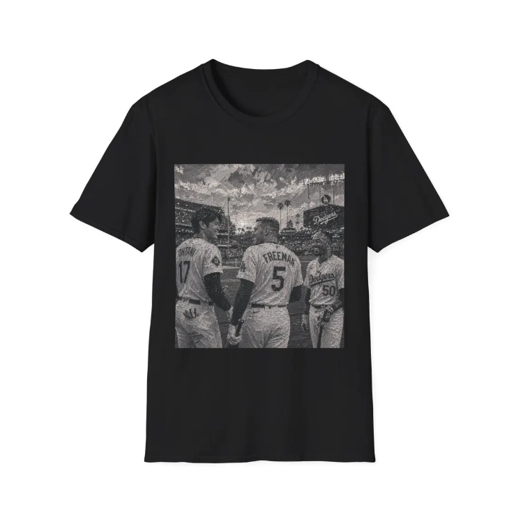 Los Angeles Dodgers Baseball Players Photo T-Shirt Team Portrait Square Print Shohei Ohtani, Mookie Betts, Freddie Freeman Shirt