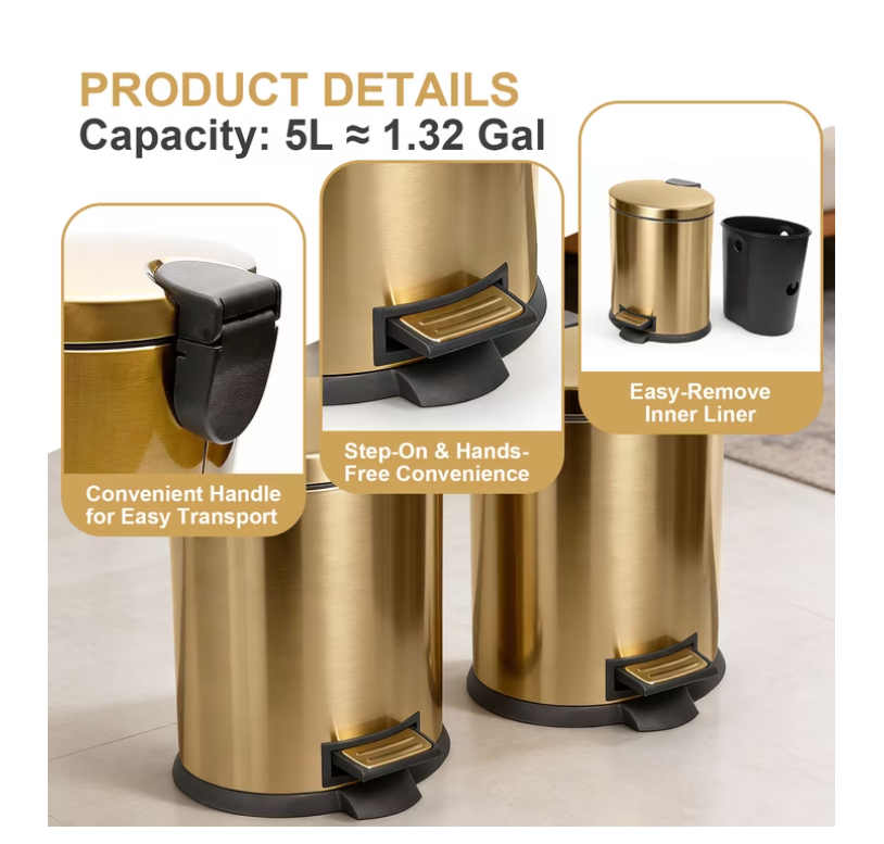 Koomade 2 Pack Bathroom Trash Can, 1.3 Gallon Stainless Steel Step Garbage Bin with Lid, Gold