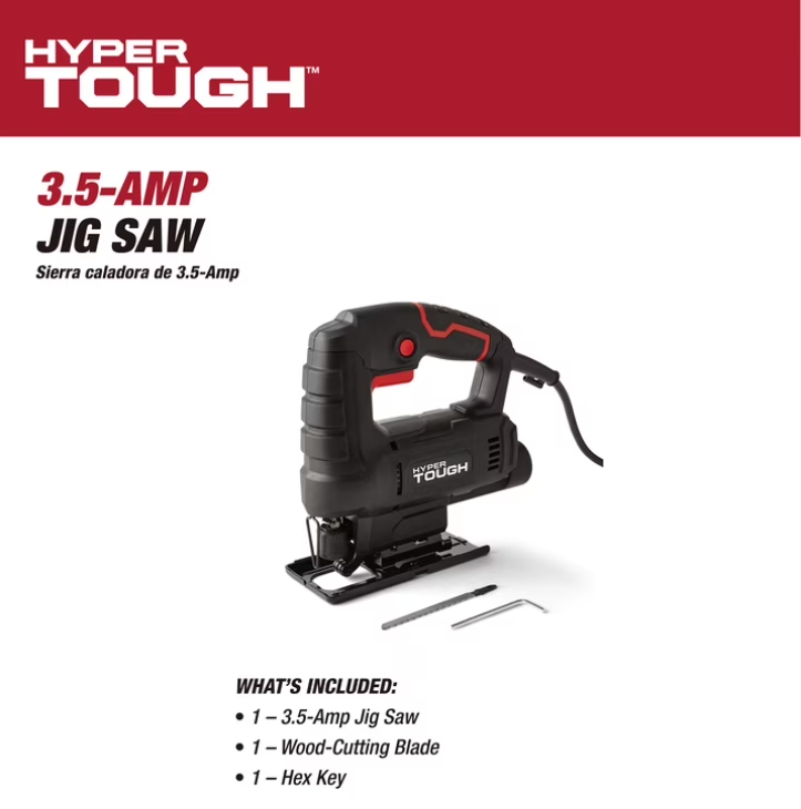 Hyper Tough 3.5-Amp Corded Jig Saw, Corded, 120 Volt, Model Number 44002, for Wood-Cutting