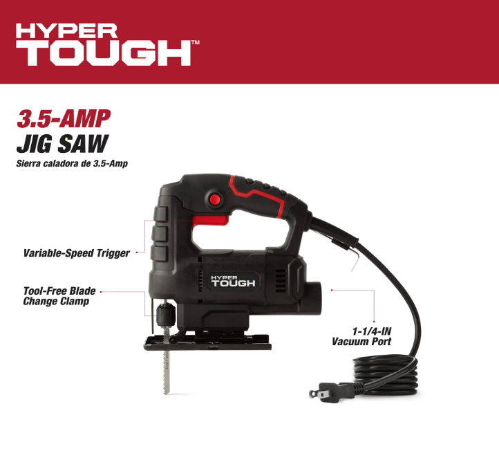 Hyper Tough 3.5-Amp Corded Jig Saw, Corded, 120 Volt, Model Number 44002, for Wood-Cutting