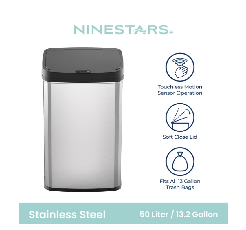 Nine Stars Automatic Kitchen Trash Can, 13.2 Gallon Stainless Steel Motion Sensor Garbage Bin with Soft Close Lid, Silver