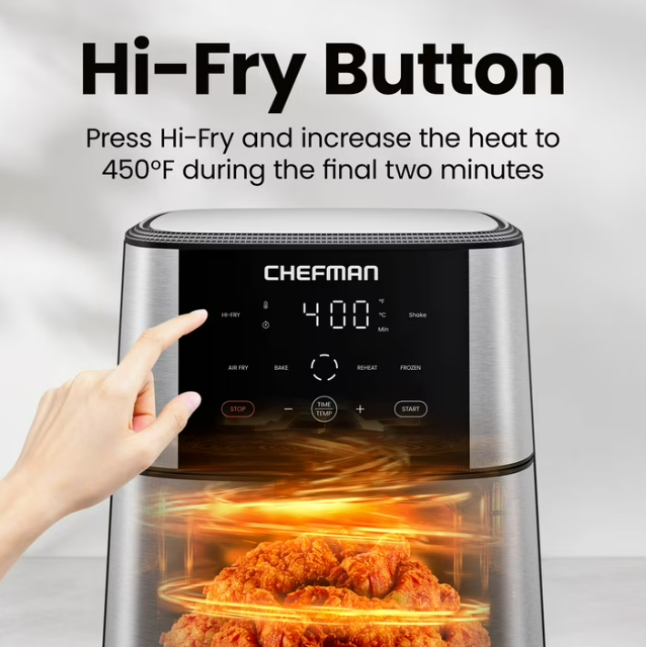 Chefman 6 Qt. Air Fryer 4 Functions w/ Touch Controls, HI-FRY Button, Stainless Steel