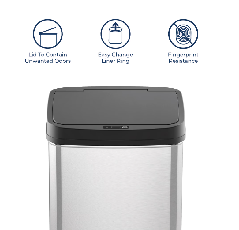 Nine Stars Automatic Kitchen Trash Can, 13.2 Gallon Stainless Steel Motion Sensor Garbage Bin with Soft Close Lid, Silver