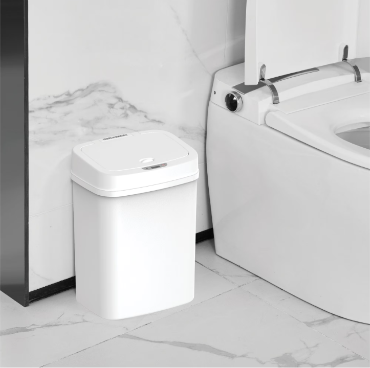 Nine Stars Automatic Bathroom Trash Can, 3.2 Gallon Plastic Motion Sensor Garbage Bin with Soft Close Lid, White