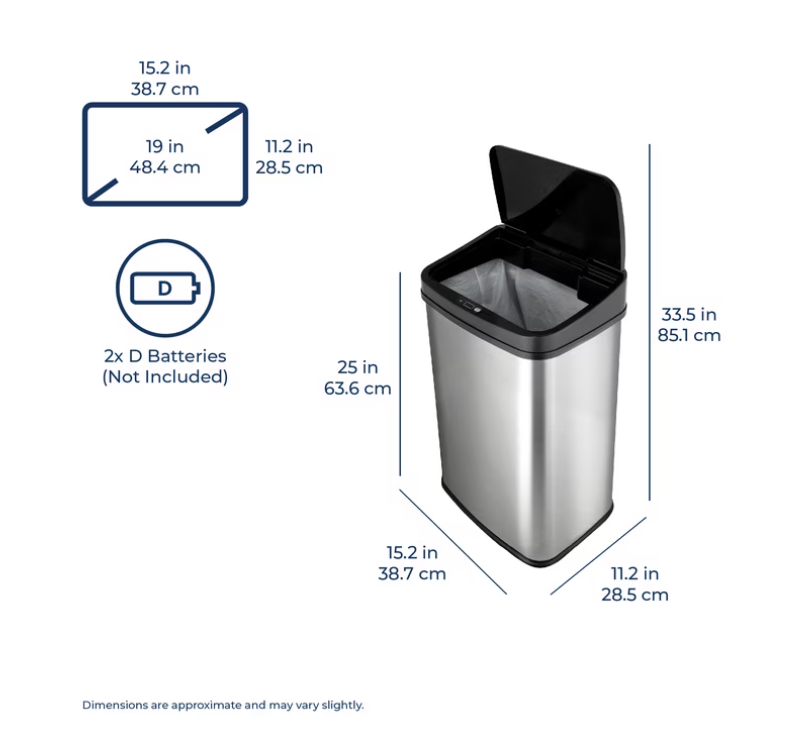 Nine Stars Automatic Kitchen Trash Can, 13.2 Gallon Stainless Steel Motion Sensor Garbage Bin with Soft Close Lid, Silver