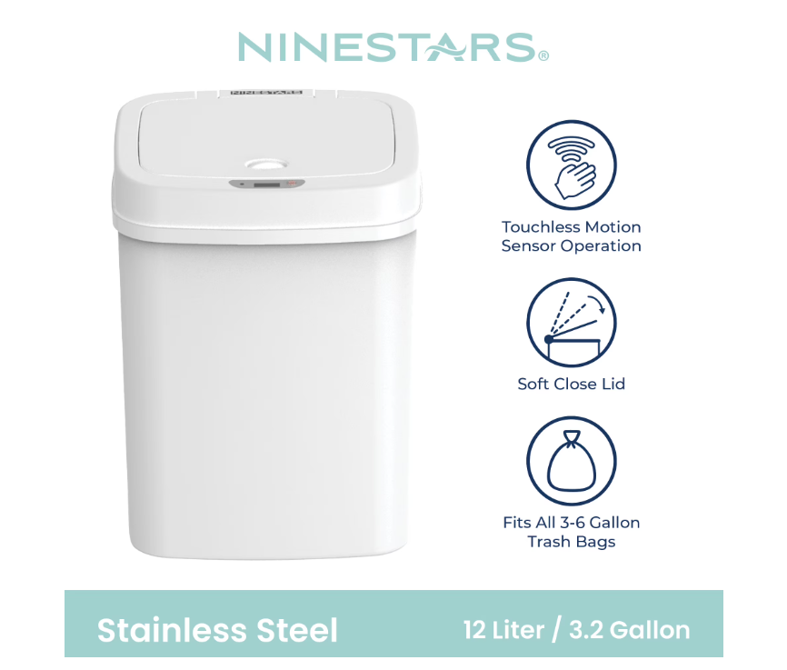 Nine Stars Automatic Bathroom Trash Can, 3.2 Gallon Plastic Motion Sensor Garbage Bin with Soft Close Lid, White