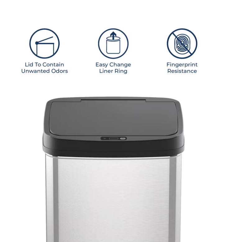 Nine Stars Automatic Kitchen Trash Can, 13.2 Gallon Stainless Steel Motion Sensor Garbage Bin with Soft Close Lid, Silver