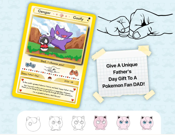 Father's Day Pokemon Card, Father's Day Gifts Custom, Card with 6 Pokemon Design Options, Gift for Dad, Gift for Pokemon Fans