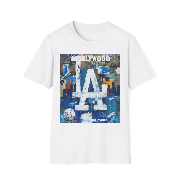 LA Dodgers Abstract Logo T-Shirt Hollywood Skyline, Urban Dodgers Baseball Art