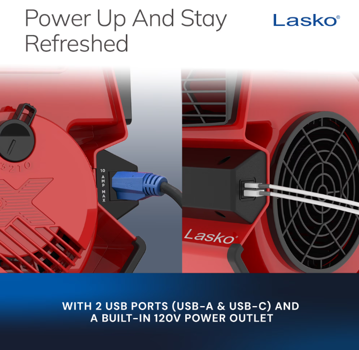 Lasko X-Blower 11" High Velocity Utility Blower Fan with USB Ports and Built-In Outlet for Cooling and Drying, Red, X12900
