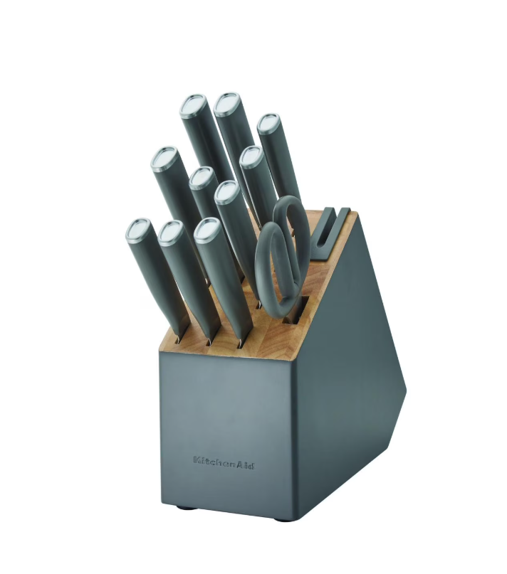 KitchenAid Classic 12-Piece Japanese Steel Knife Block Set with Built-in Knife Sharpener, Charcoal Gray