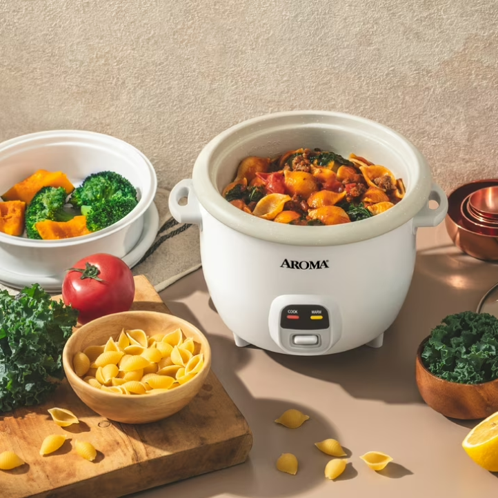 AROMA® 6-Cup Rice Cooker & Food Steamer with Bonded Granite Nonstick Ceramic & Pop-Up Steam Tray - White