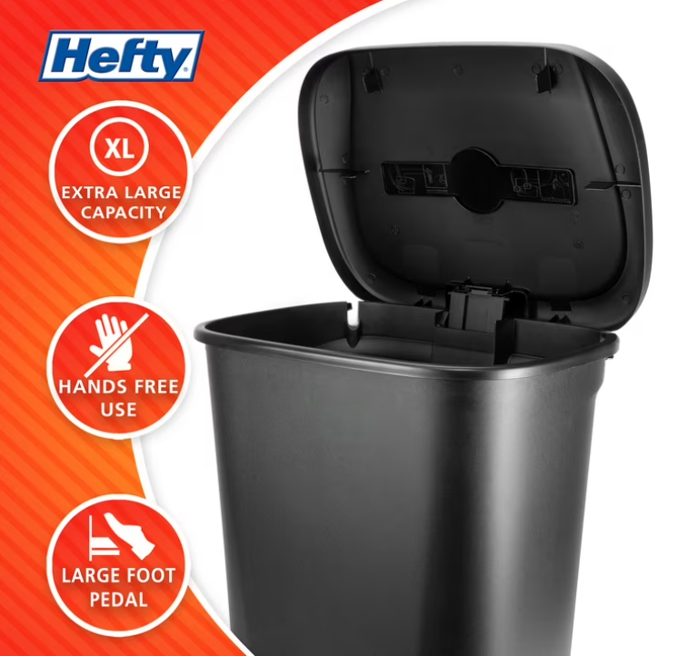 Hefty Kitchen Trash Can, 20.1 Gallon Plastic Step Garbage Bin with Foot Pedal Lid, Black