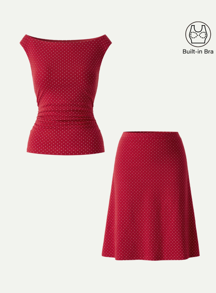 2Pcs Set Polka Dot Boatneck Bra Top & A-Line Flare Skirt Limited Edition
