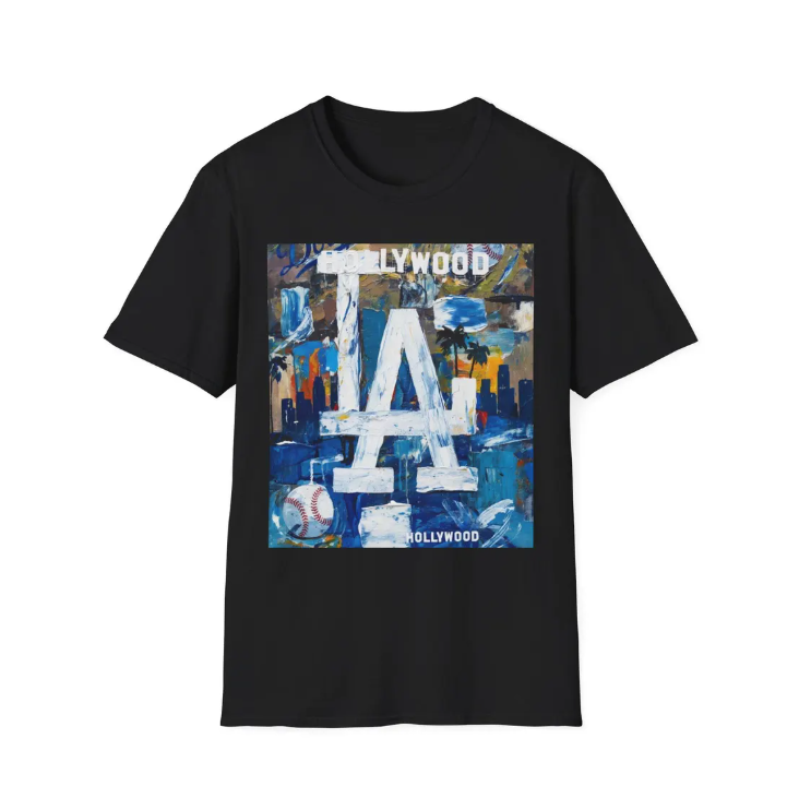 LA Dodgers Abstract Logo T-Shirt Hollywood Skyline, Urban Dodgers Baseball Art
