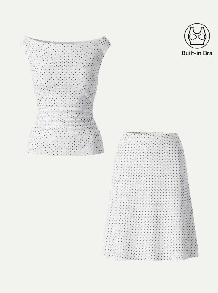 2Pcs Set Polka Dot Boatneck Bra Top & A-Line Flare Skirt Limited Edition