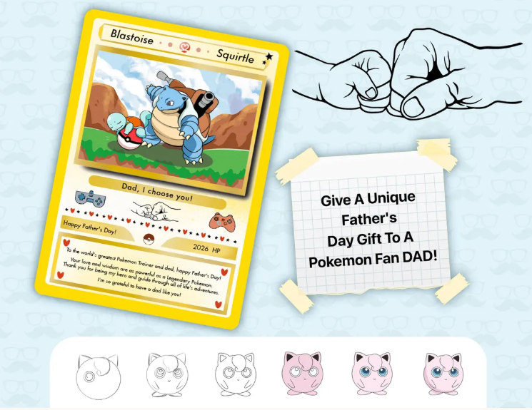 Father's Day Pokemon Card, Father's Day Gifts Custom, Card with 6 Pokemon Design Options, Gift for Dad, Gift for Pokemon Fans