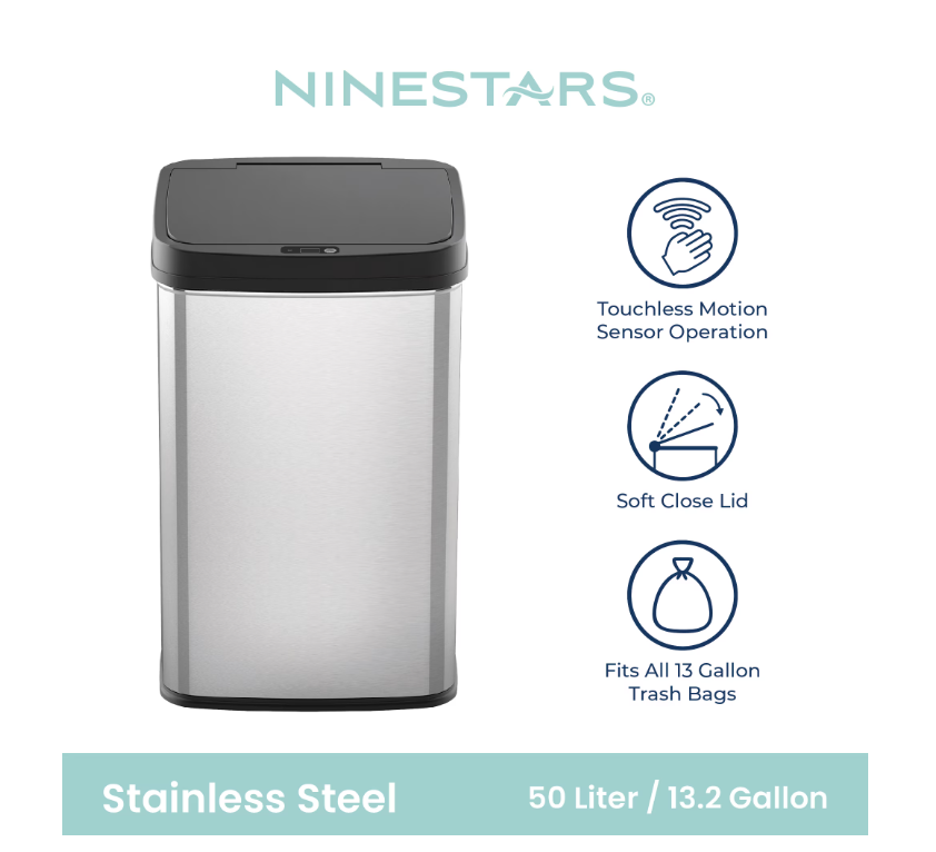 Nine Stars Automatic Kitchen Trash Can, 13.2 Gallon Stainless Steel Motion Sensor Garbage Bin with Soft Close Lid, Silver