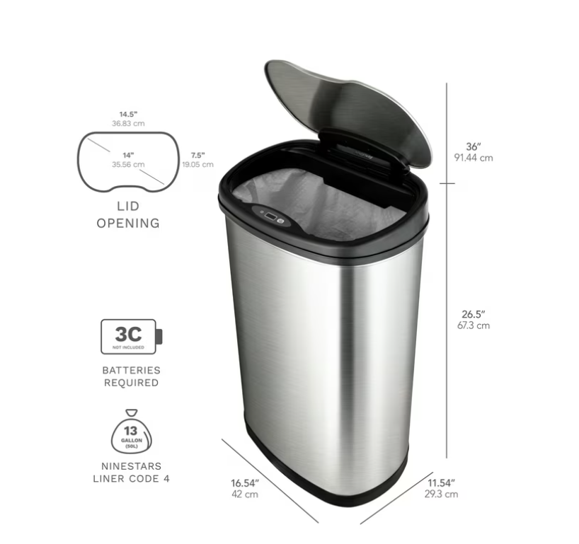 Nine Stars 13 Gallon Motion Sensor Trash Can + Trash Bags