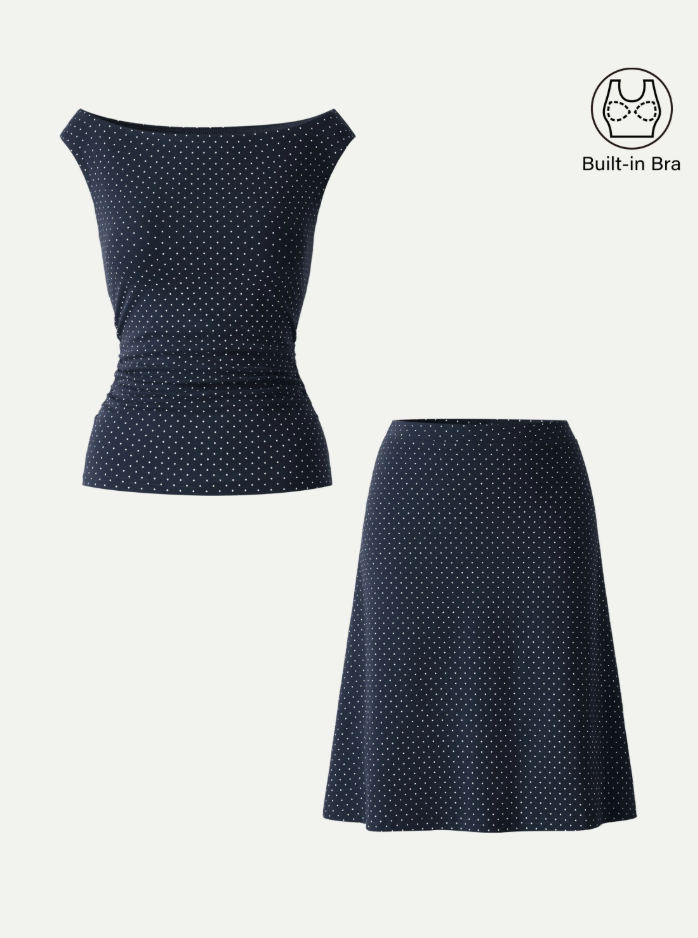 2Pcs Set Polka Dot Boatneck Bra Top & A-Line Flare Skirt Limited Edition