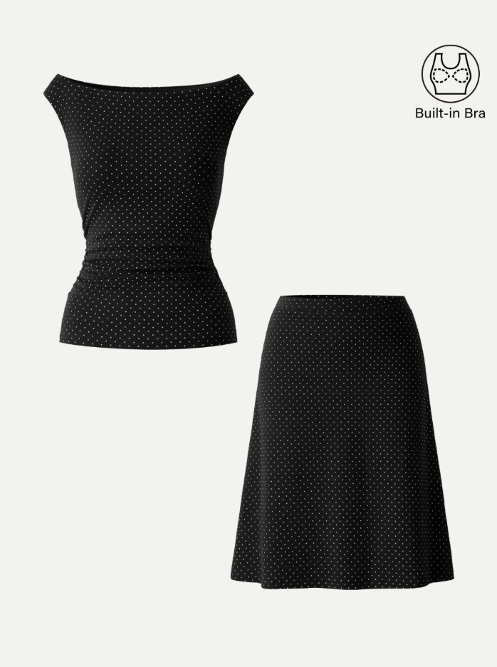 2Pcs Set Polka Dot Boatneck Bra Top & A-Line Flare Skirt Limited Edition